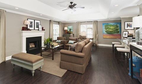 a living room with a couch and chairs and a fireplace